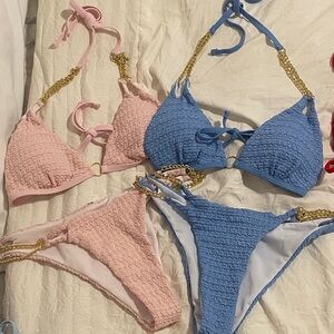 ✨ 3 for $20 Bundle Deal ✨ Pink and Blue Textured Bikini Sets with Gold Chain